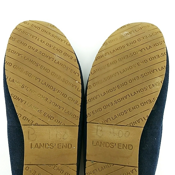 Lands End Suede Leather Moccasins Slippers Navy Blue Faux Fur Lining 7B - Picture 7 of 9